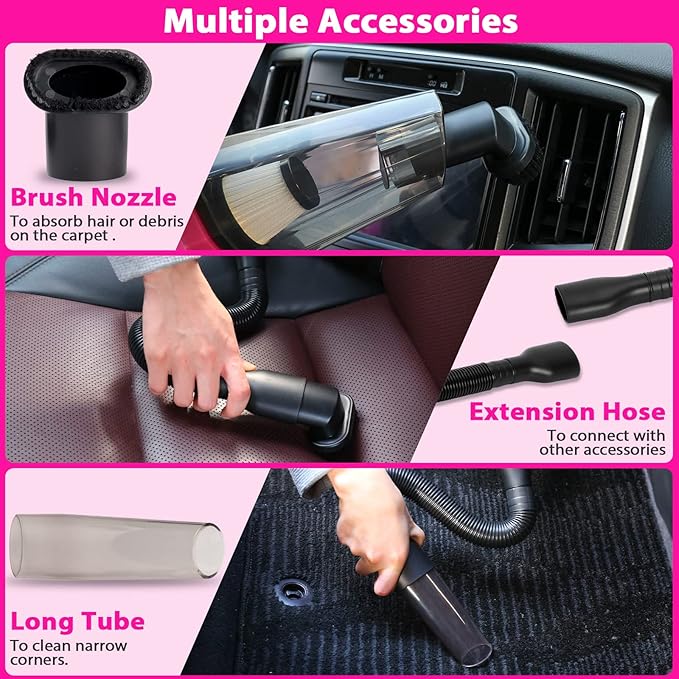 THINKWORK Car Detailing Kit Interior Cleaner, Car Cleaning Kit with 8000PA Cordless Pink Handheld Vacuum Cleaner, Car Interior Detailing Brush Set, Pink Car Accessories, Gift for Women