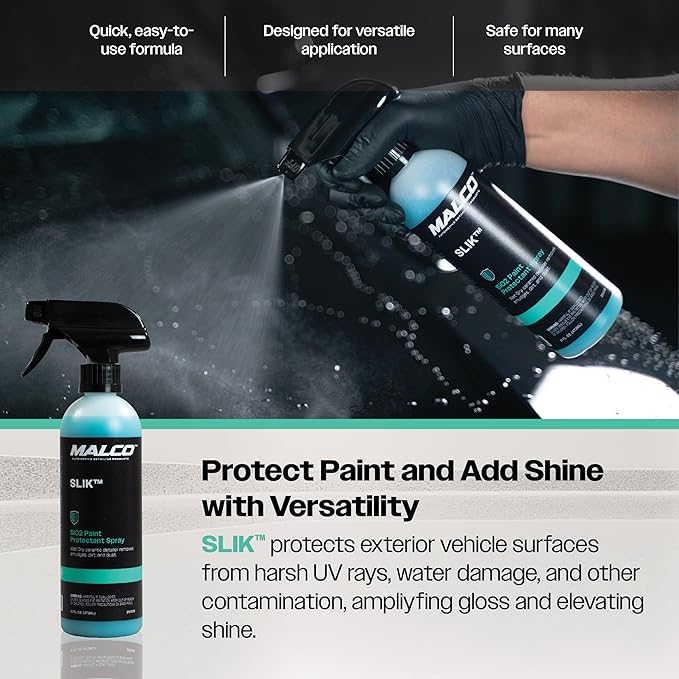 Malco SLIK SiO2 Paint Protection Spray with Microfiber Towel – Rejuvenates and Protects Vehicle Exterior Finishes/Shine, Protect, and Beautify Your Vehicle/Deep Shine on All Surfaces / 16oz (264016)