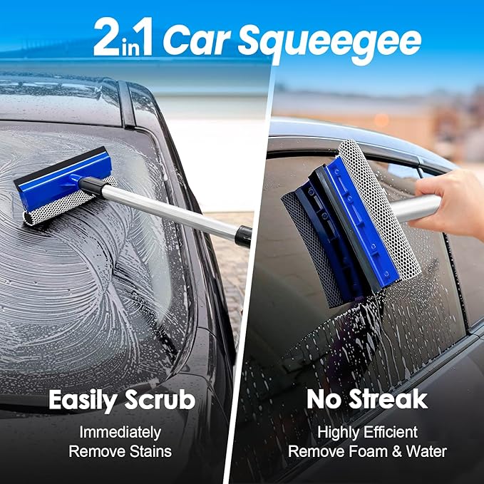 65'' Five-Sided Car Wash Brush with Long Handle, Scratch-Free Car Cleaning Kit with Soft Wash Brush, Tire Brush, Window Squeegee, Car Wash Mitt, Microfiber Cleaning Head & Extension Pole