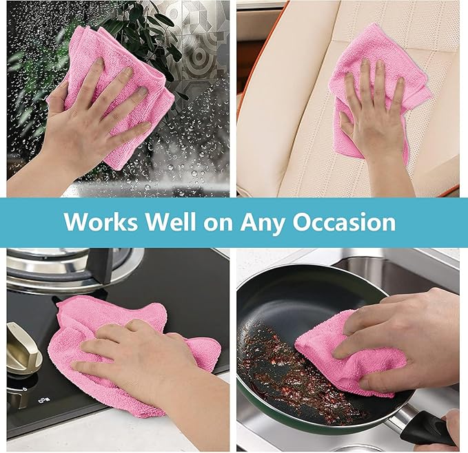 HOMEXCEL Pink Microfiber Cleaning Cloth, 50 Pack Cleaning Towels for Kitchen, Lint Free, Scratch-Free, Highly Absorbent, and Reusable Cleaning Rags for House, Window and Glass, Cars, 11.5 X11.5 inch