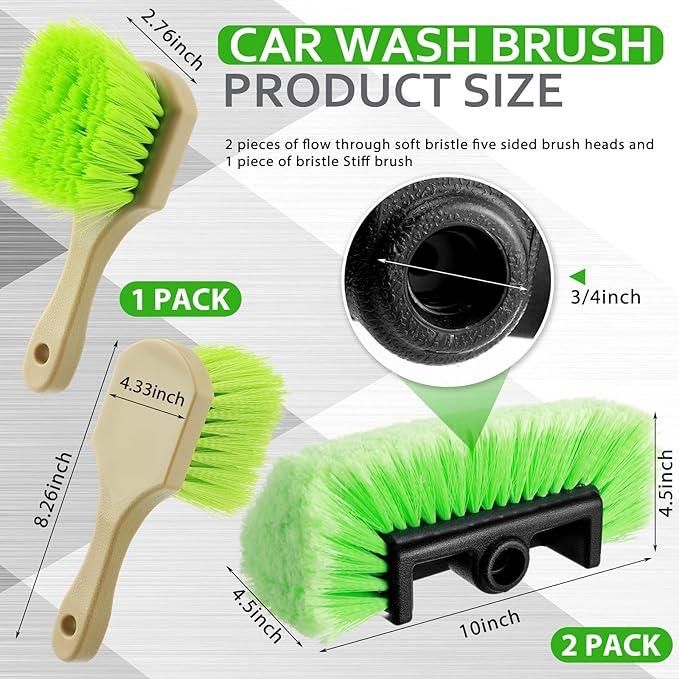 Vesici 2 Pcs 10 Inch Car Wash Brush Head with Soft Detailing Bristle Flow Through Car Cleaning Brush with 1 Pcs Stiff Bristle Wheel Brushes for Motorboat Rv Facades of Houses Wheel Carpet (Green)