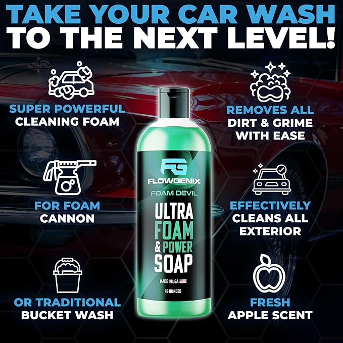 Ultra Foam & Power Foaming Car Wash Soap (16 oz) - Pressure Washer Foam Cannon Car Soap Shampoo - Made for Cars, Trucks, Motorcycles, RVs & More (Apple Scent) - Incl 2 Microfiber Towels