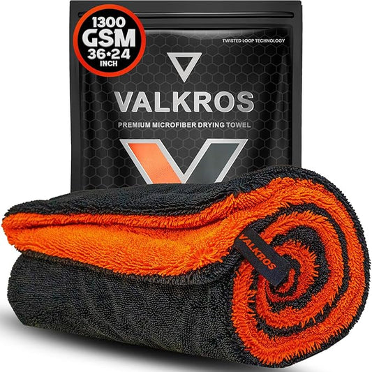 X- Large Car Drying Towel, 36x24 Microfiber Towels for Cars, 1300 GSM, 70/30 Blend, Dual-Sided Highly Absorbent Twisted-Loop Edgeless Car Detailing Cloth, Scratch/Streak-Free [Orange/Black]