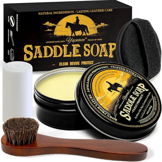 Saddle Soap 4PC Leather Care Kit – All-Natural 3.52oz Leather Cleaner & Conditioner with Horsehair Brush – Saddle Soap for Boots, Shoes, Bags, Saddles, Car & Jackets