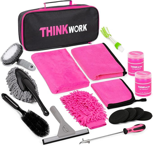 THINKWORK Pink Car Detailing Cleaning Kit, Car Wash Kit, Car Accessories for Women Suitable for Small and Medium Vehicles Such As Cars, Trucks, Suvs(17pcs)