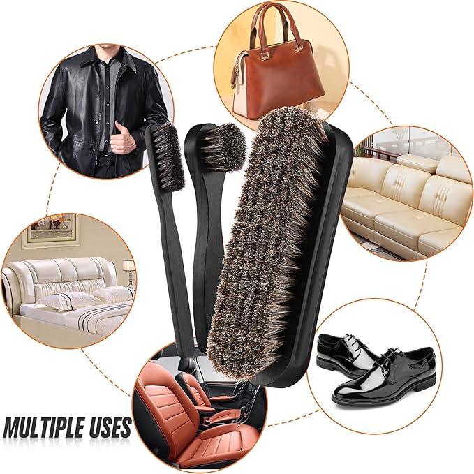 4 Pcs Horsehair Shine Shoes Brush Kit Polish Dauber Applicators Cleaning Leather Shoes Boots Care Brushes Suede Cleaner Brush with Microfiber Shoe Cloth(4 Pcs Black D)