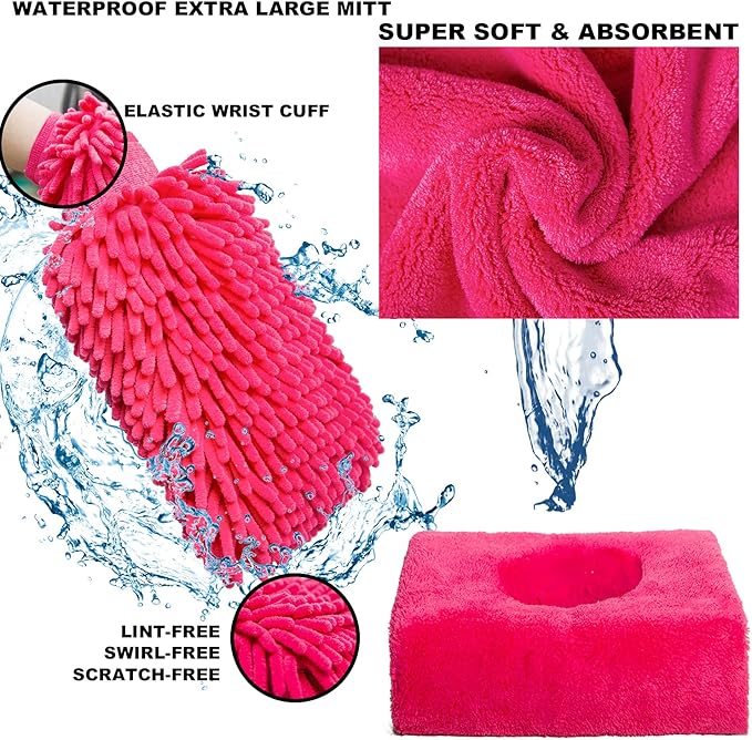 AUTODECO 22Pcs Car Wash Cleaning Tools Kit Car Detailing Set with Canvas Bag Pink Collapsible Bucket Wash Mitt Sponge Towels Tire Brush Window Scraper Duster Complete Interior Car Care Kit