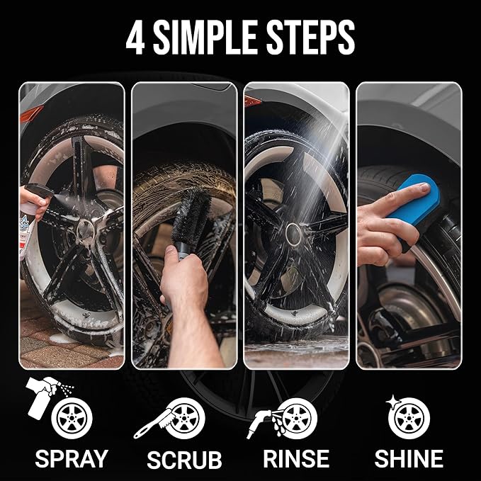 Rev Auto Complete Wheel and Tire Cleaner Kit - Removes Brake Dust & Adds Shine to Tires | Safe for OEM & Aftermarket | Includes Rim Cleaner, Detail Brush, Tire Shine, Applicator Pad, Towel (5-Piece)