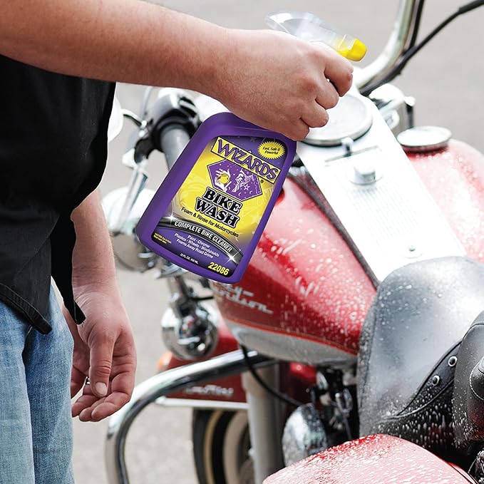 Wizards Motorcycle Cleaning Kit - Bike Wash Foam and Rinse, Quick Detailer Spray, and Bug Remover with Fiber Cloth and Detailing Bag - Portable Motorcycle Wash Kit with Accessories