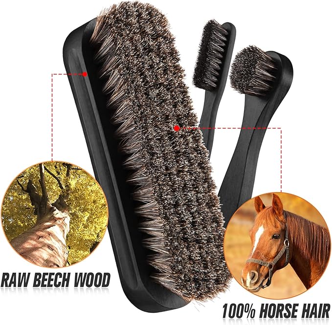 4 Pcs Horsehair Shine Shoes Brush Kit Polish Dauber Applicators Cleaning Leather Shoes Boots Care Brushes Suede Cleaner Brush with Microfiber Shoe Cloth(4 Pcs Black D)