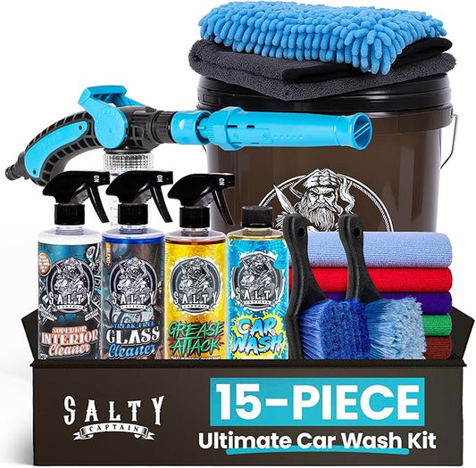 Salty Captain Ultimate 15-Piece Car Cleaning Kit – Car Wash Kit with 15L Bucket, Hand Mitt Towels, Brushes & 4x Cleaning Fluids – 2-in-1 Foam & Flush Gun compatible with Garden Hose – Premium Quality