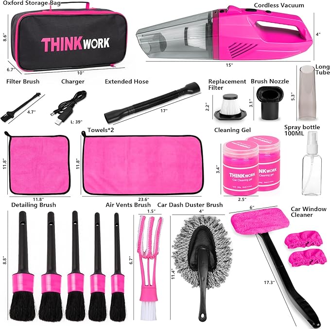 THINKWORK Car Detailing Kit Interior Cleaner, Car Cleaning Kit with 8000PA Cordless Pink Handheld Vacuum Cleaner, Car Interior Detailing Brush Set, Pink Car Accessories, Gift for Women