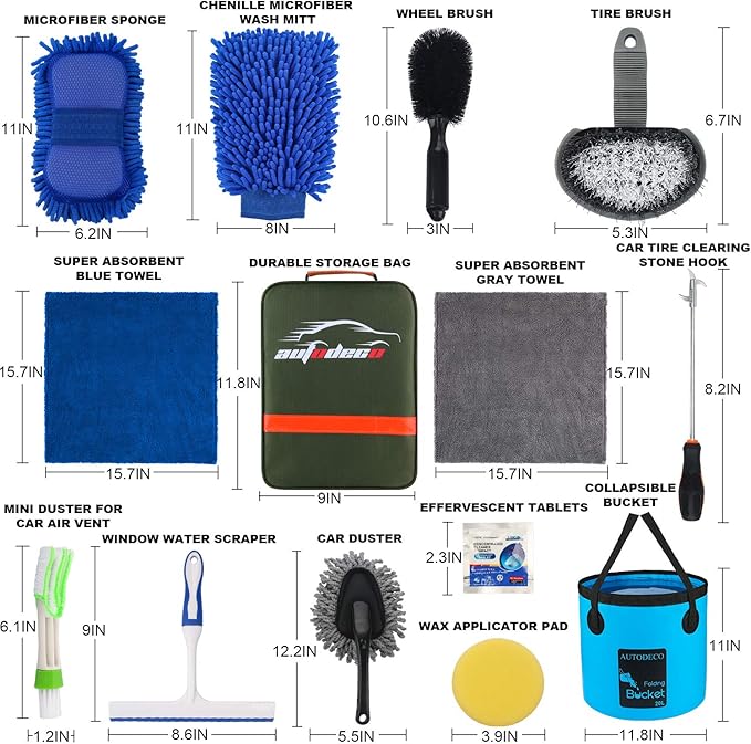 AUTODECO 22Pcs Car Wash Cleaning Tools Kit Car Detailing Set with Olive Green Canvas Bag Collapsible Bucket Wash Mitt Sponge Towels Tire Brush Window Scraper Duster Complete Interior Car Care Kit