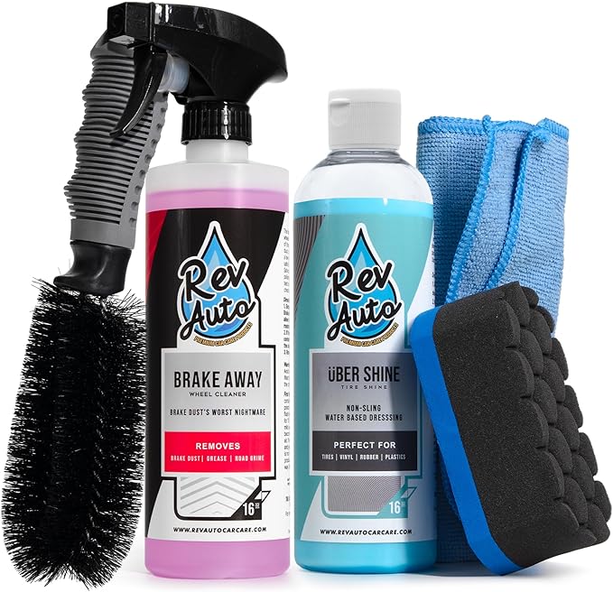 Rev Auto Complete Wheel and Tire Cleaner Kit - Removes Brake Dust & Adds Shine to Tires | Safe for OEM & Aftermarket | Includes Rim Cleaner, Detail Brush, Tire Shine, Applicator Pad, Towel (5-Piece)