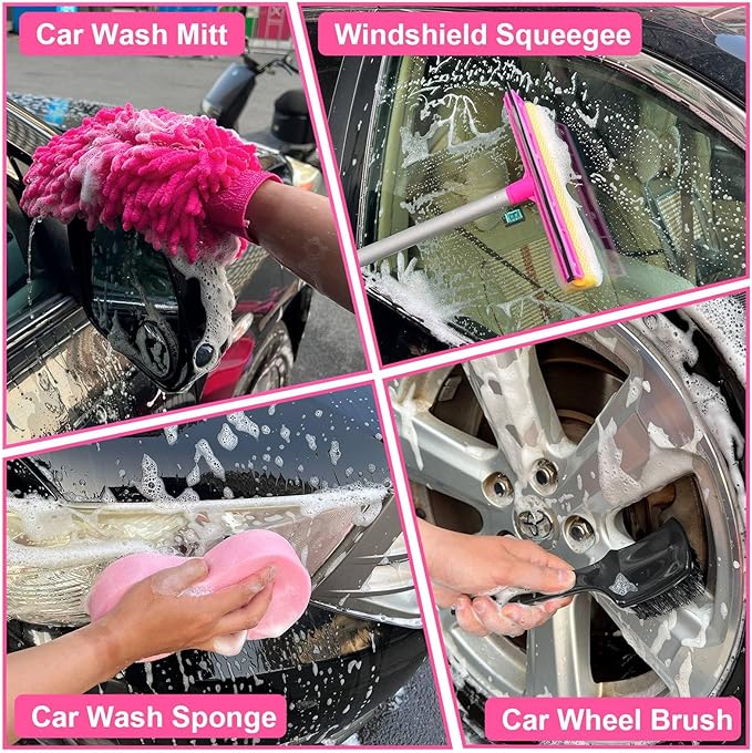 21Pcs Car Wash Kit,62" Car Wash Brush Mop with Long Handle,Car Cleaning Kit,Car Detailing Brush Set,Car Wash Bucket with Filter,Windshield Window Squeegee for Cars RV Truck Boat (Pink)