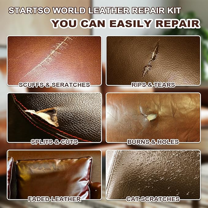 STARTSO WORLD Brown Leather & Vinyl Repair Kit for Furniture, Couches, Car Seats, Sofas, Boat Seats, Jackets with Easy Instructions, Repair Scratches, Tears, and Holes in Pleather, Genuine Leather
