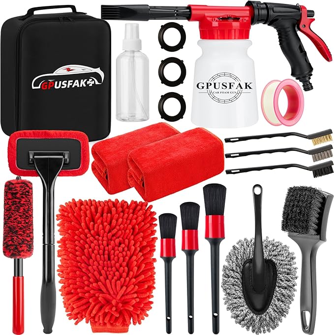 16Pcs Car Wash Cleaning Kit with Foam Gun Sprayer Detailing Brushes Windshield Cleaning Tool Rim and Tire Brush Towels Complete Interior Exterior Detailing Set for Car