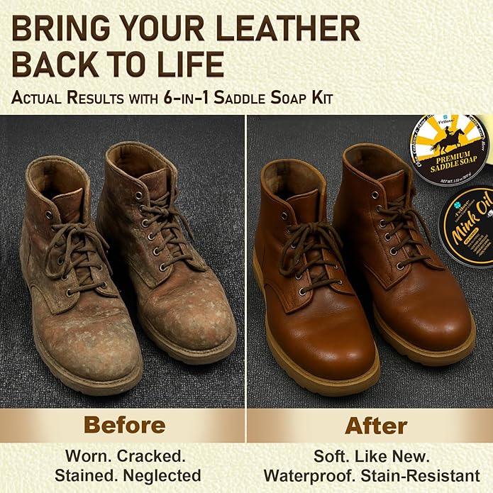 Leather Boot Care Kit – 6PCS Mink Oil, Saddle Soap for Leather, Brush, Sponge & Towels – Leather Shoe Care Kit, Boot Cleaning Kit for Cowboy Boots, Work Boots, Bags, Tack, and Car Interiors