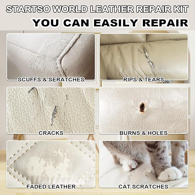 STARTSO WORLD Cream Leather Repair Kit for Furniture, Leather & Vinyl Repair kit for Car Interior, Couches, Car Seat, Jacket, Sofa, Boat or and Purse, Restores Faux, Artificial, Genuine Pleather