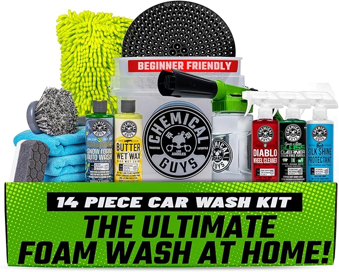 Chemical Guys Car Wash Kit 14-Pc Arsenal Builder - with Foam Blaster, Wash Bucket, Towels, Applicators, and 16 oz Soaps, Waxes, and Cleaners - Complete Car Detailing Gift Set, Works with Garden Hose