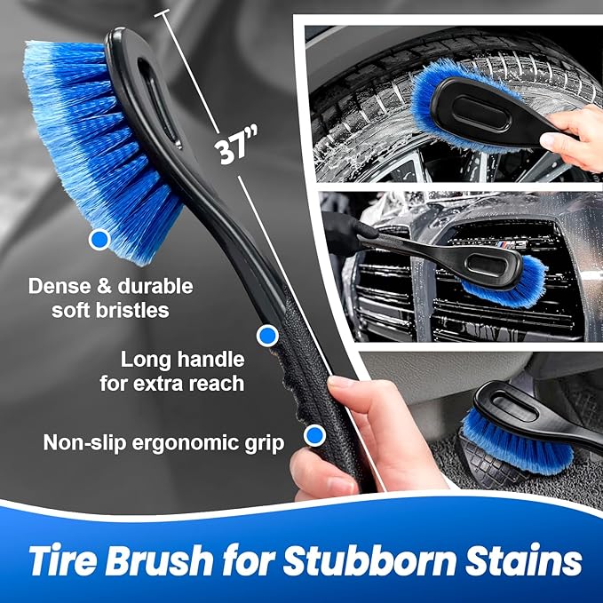 65'' Five-Sided Car Wash Brush with Long Handle, Scratch-Free Car Cleaning Kit with Soft Wash Brush, Tire Brush, Window Squeegee, Car Wash Mitt, Microfiber Cleaning Head & Extension Pole