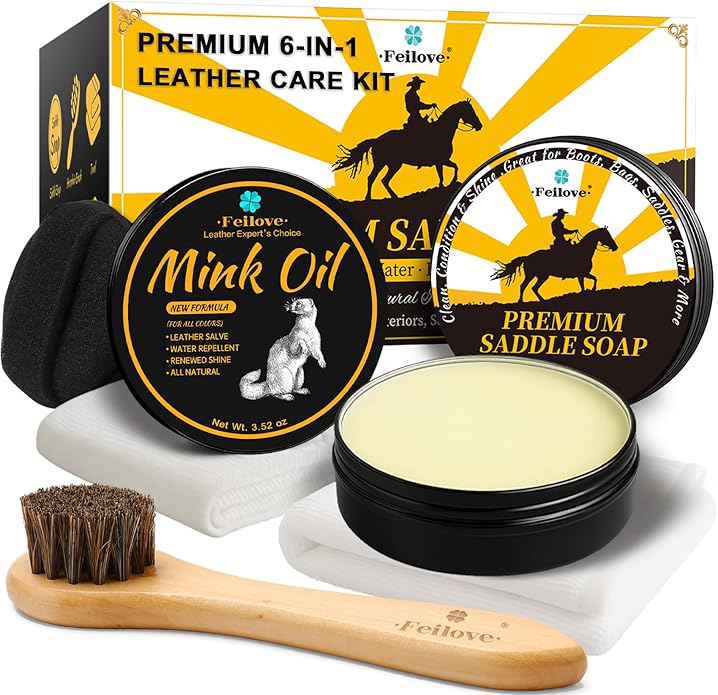 Leather Boot Care Kit – 6PCS Mink Oil, Saddle Soap for Leather, Brush, Sponge & Towels – Leather Shoe Care Kit, Boot Cleaning Kit for Cowboy Boots, Work Boots, Bags, Tack, and Car Interiors