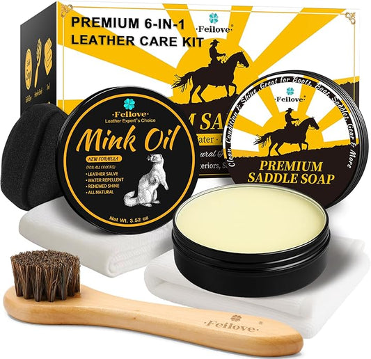 Leather Boot Care Kit – 6PCS Mink Oil, Saddle Soap for Leather, Brush, Sponge & Towels – Leather Shoe Care Kit, Boot Cleaning Kit for Cowboy Boots, Work Boots, Bags, Tack, and Car Interiors