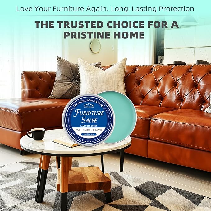 STARTSO WORLD Furniture Salve for Leather, Wood & Vinyl - Natural Polish, Conditioner & Restorer for Couches, Tables & Furniture - All-in-One Repair Salve with Applicator Brush - 6OZ