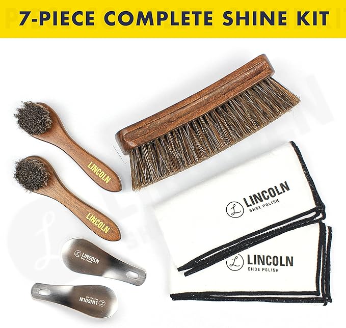 Lincoln Shoe Shine Brush Kit 7 Piece Set – Premium 100% Horsehair Brush Set with 6.7" Shine Brush, 2 Applicators, 2 Shoe Horns & 2 Soft Polish Cloths – Leather Shoe Care Kit for Men & Women