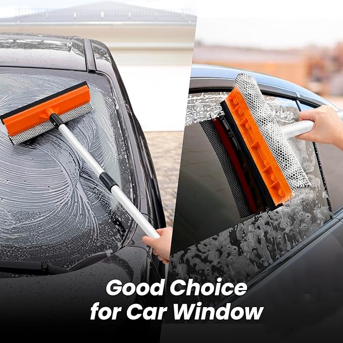 12" Car Wash Brush with Soft Bristle + 10" 2 in 1 Windshield Cleaner Squeegee, Ideal Combination for RV Truck Boat Camper Heavy Duty Tri-Level Dip Wash Brush Car Exterior Washing