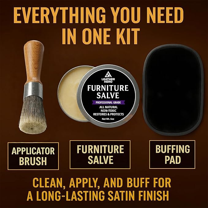 3-in-1 Furniture Salve for Leather & Wood – Polisher, Conditioner, & Restorer for Couches and Furniture- Leather Repair Salve with Brush & Buffing Pad- 5oz