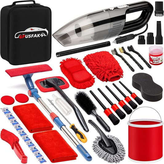 41Pcs Car Wash Cleaning Kit with High Power Handheld Vacuum Windshield Cleaning Tool Collapsible Bucket Detailing Brushes Tire Brush Towels Complete Detailing Set for Car