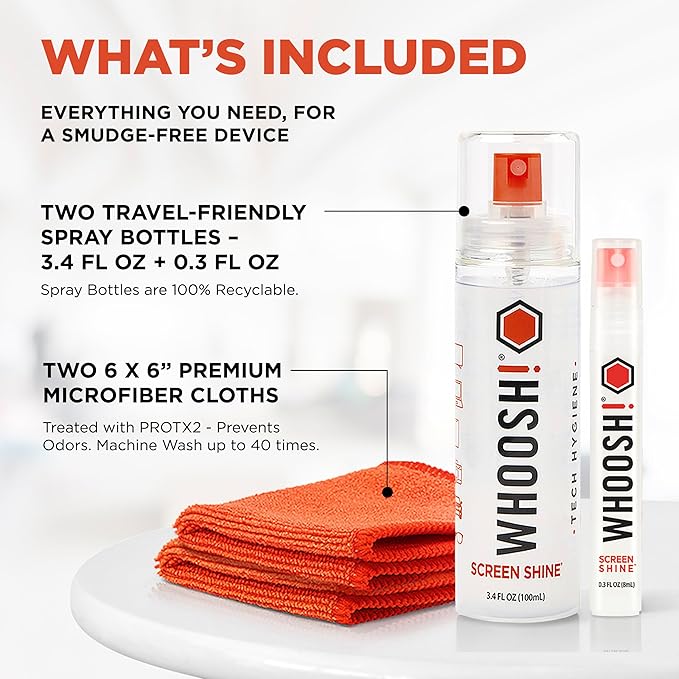 WHOOSH! Screen Shine Duo - Screen Cleaner Spray for iPad, Monitor, Laptop, MacBook - 3.4 oz & 0.3 oz Bottles with 2 Microfiber Cloths - Portable Electronic Cleaning Kit for Travel, Office, and Home