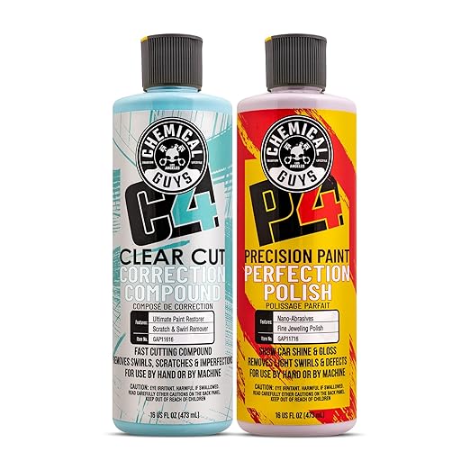 Chemical Guys C4 & P4 Clear Cut Correction Compound and Precision Paint Perfection Polish Combo - Removes Scratches, Swirls, Towel Marks, and Etching, Restores Gloss, Polishing Kit - 2 x 16 oz