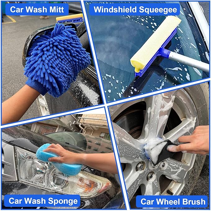 21Pcs Car Wash Kit,62" Car Wash Brush Mop with Long Handle,Car Cleaning Kit,Car Detailing Brush Set,Car Wash Bucket with Filter,Windshield Window Squeegee for Cars RV Truck Boat (Blue)