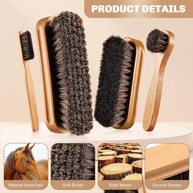 4 Pcs Horsehair Shine Shoes Brush Kit Polish Dauber Applicators Cleaning Leather Shoes Boots Care Brushes Suede Cleaner Brush with Microfiber Shoe Cloth(Wooden Style A)