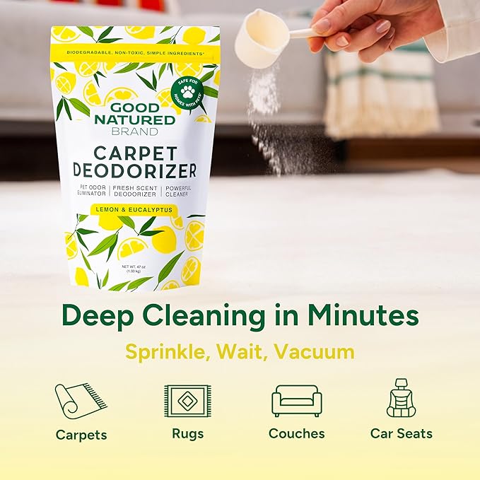 Good Natured Brand | Carpet Deodorizer & Freshener Powder | 47 oz Pet Odor Eliminator for Strong Odor & Pet Urine | Fresh Natural Lemon & Eucalyptus Scent | Safe for Homes with Pets