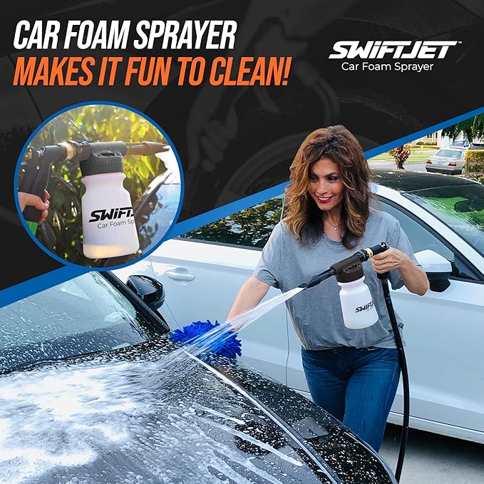 SwiftJet Car Wash Foam Gun + Microfiber Wash Mitt - Works with Any Soap - Garden Hose Car Foam Sprayer - Foam Cannon Car Wash Kit - Car Accessories Foam Blaster (Black Foam Gun with Mitt)