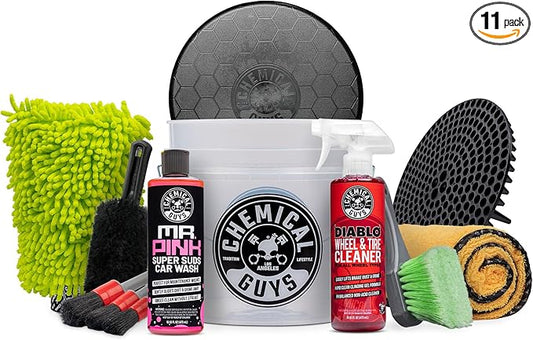 Chemical Guys Car Washing Kit - Mr. Pink Car Wash Soap, Diablo Wheel Cleaner, Wash Bucket with Dirt Trap and Lid, Wash Mitt, Detailing Brushes, Microfiber Towel, 11-Piece