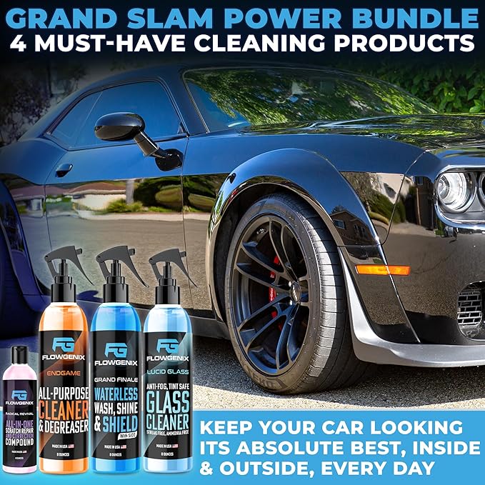 Grand Slam 4-Pack Includes Waterless Car Wash Spray + Instant Car Scratch Remover Repair + Streak Free Window and Glass Cleaner + All Purpose Cleaner for Auto Detailing, 2 Microfiber Towels