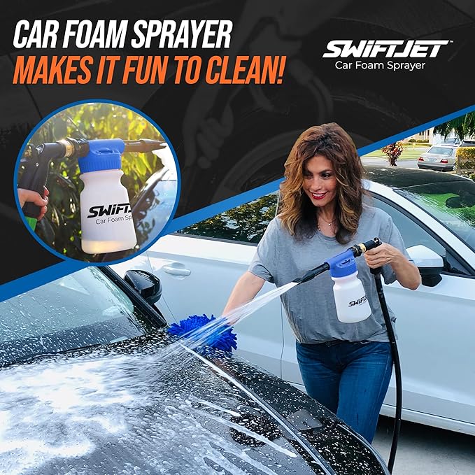 SwiftJet Car Wash Foam Gun + Microfiber Wash Mitt - Foam Cannon Works with Any Soap - Garden Hose Car Foam Sprayer - Car Wash Kit - Car Accessories Foam Blaster (Blue Foam Gun with Mitt)