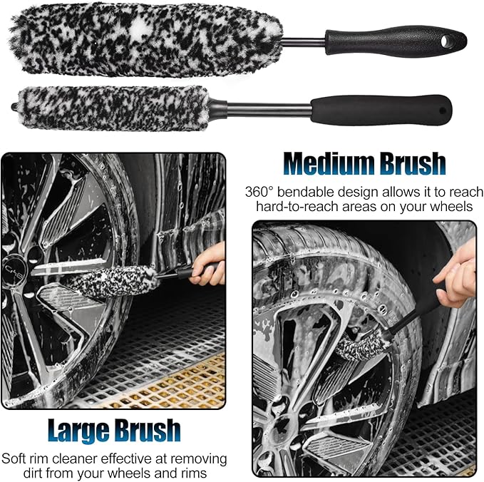 8Pcs Wheel Brush, Tire Brush, Wheel Cleaner Brush Set - 2 Soft Wheel Cleaning Brushes, Detailing Brush & Hard Tire Scrubber, Flexible and Durable Rim Cleaning Brush Kit for Wheels and Tires