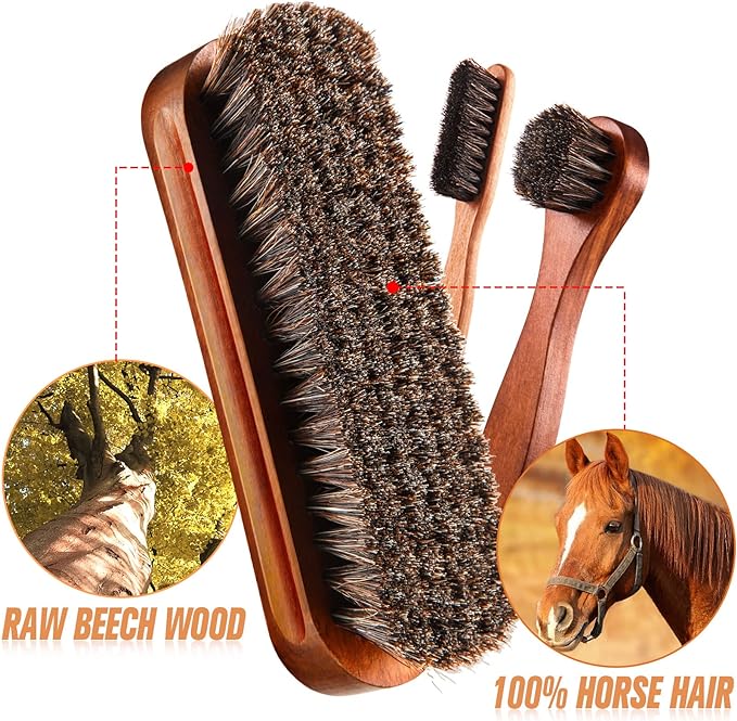 4 Pcs Horsehair Shine Shoes Brush Kit Polish Dauber Applicators Cleaning Leather Shoes Boots Care Brushes Suede Cleaner Brush with Microfiber Shoe Cloth(4 Pcs Style A)