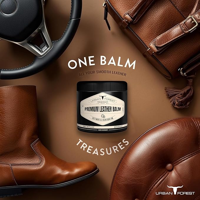 URBAN FOREST Leather Care Conditioner with real Beeswax & Avocado Oil 500 ml - Premium Waterproof Leather Balm for Car Seats, Furniture, Sofa, Couch, Bags, Shoes, Horse Tack, Saddles, Made in Germany