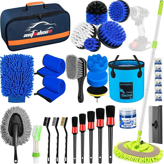 AUTODECO 32Pcs Car Detailing Brush Set, Car Detailing Kit, Auto Detailing Drill Brush Set, Car Detailing Brushes, Car Wash Cleaning Tools Kit with Wash Mop for Interior, Exterior, Wheels, Blue