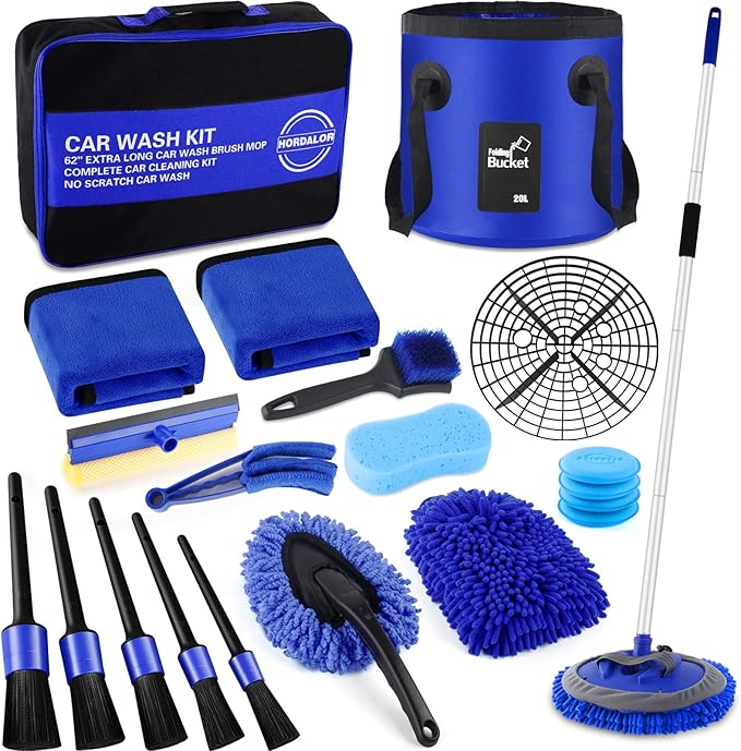 21Pcs Car Wash Kit,62" Car Wash Brush Mop with Long Handle,Car Cleaning Kit,Car Detailing Brush Set,Car Wash Bucket with Filter,Windshield Window Squeegee for Cars RV Truck Boat (Blue)