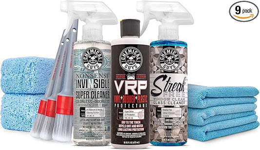 Chemical Guys Car Interior Detailing Kit - VRP Protectant, Nonsense Cleaner, Streak Free Glass Cleaner, 3 Detailing Brushes, 3 Towels, 2 Applicators, 9-Items