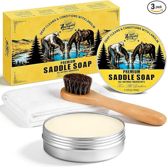 Saddle Soap for Leather 3.52oz,3-in-1 Leather Cleaner & Conditioner to Soften,Protect Leathercraft with Horsehair Brush & Cloth,Leather Soap for Car Interior,Couch,Shoe,Purse,Boot,Bag & Saddle
