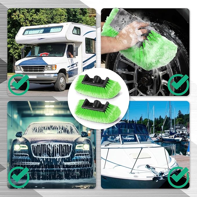 Vesici 2 Pcs 10 Inch Car Wash Brush Head with Soft Detailing Bristle Flow Through Car Cleaning Brush with 1 Pcs Stiff Bristle Wheel Brushes for Motorboat Rv Facades of Houses Wheel Carpet (Green)