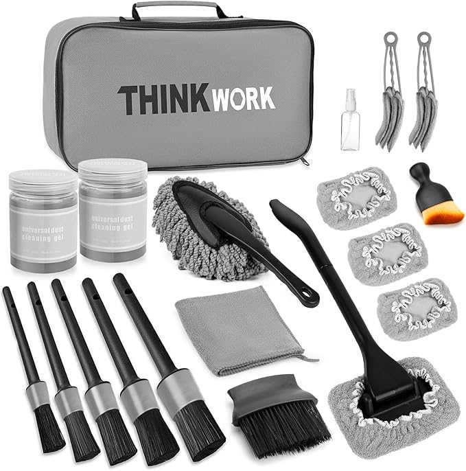 THINKWORK Windshield Cleaner Tool, Car Interior Cleaning Kit, Car Detailing Kit Interior Cleaner with10Pcs Detailing Brush Set, Gray Auto Detailing Supplies & Accessories